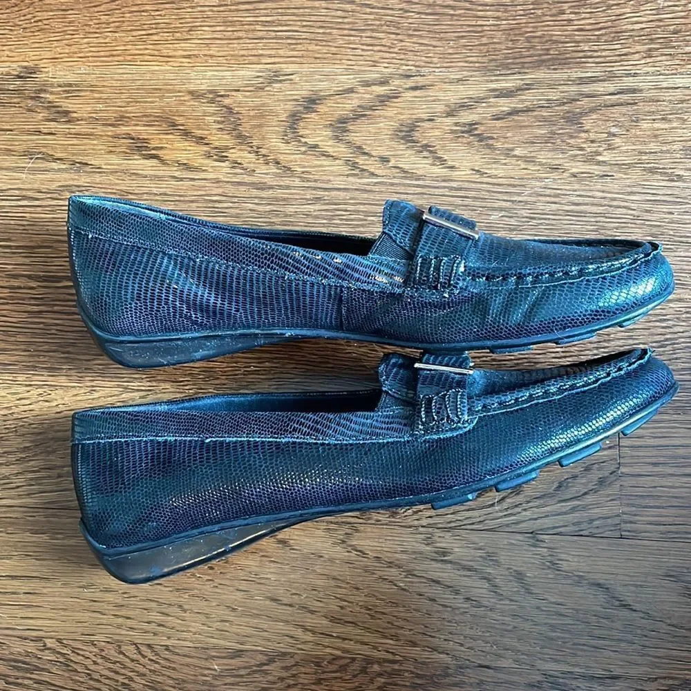 Walking Cradles black snakeskin look leather loafers‎ with silver buckle on top